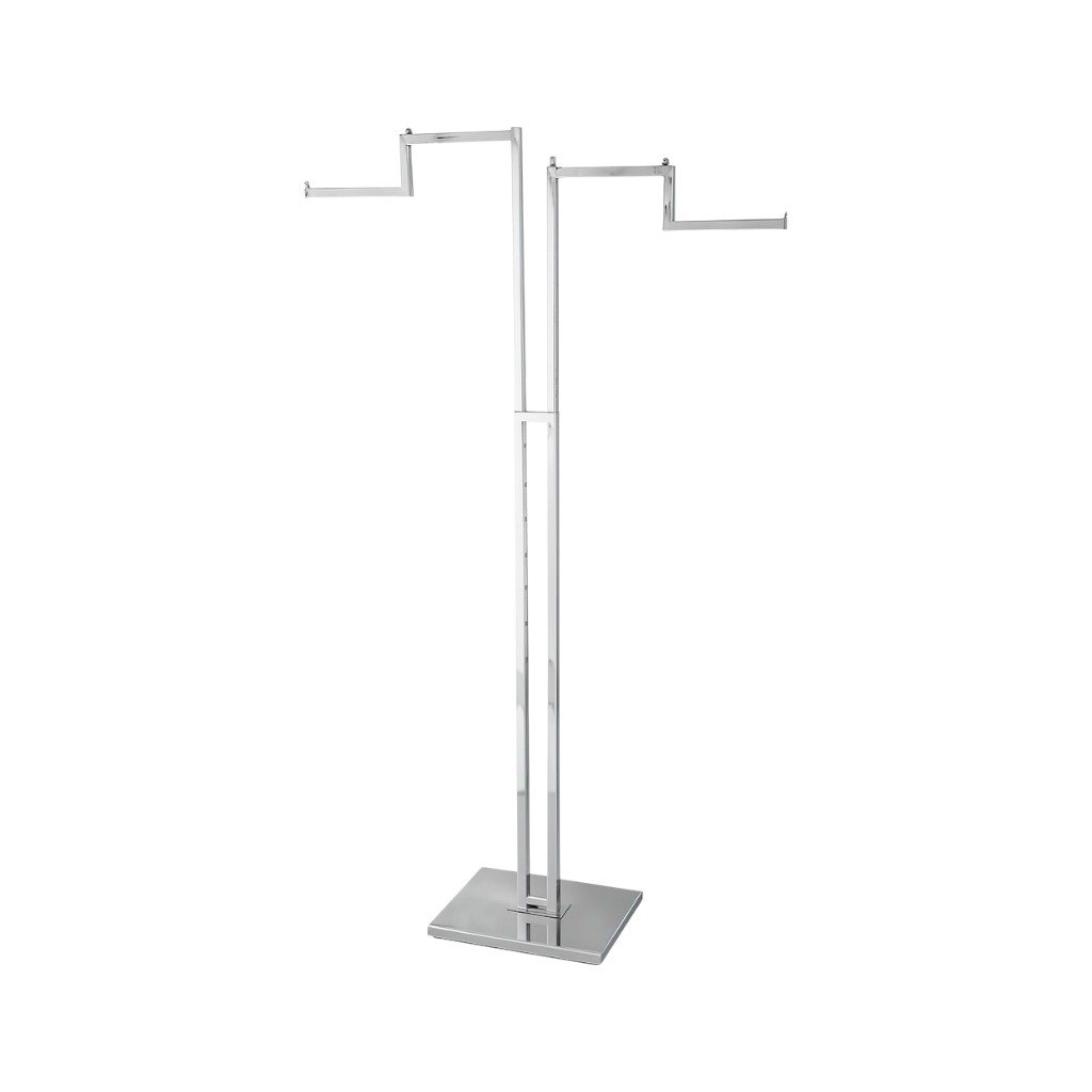 Display stand with 2 Stepped arms clothes rail, each with ball-stops – adjustable height garment display for retail.