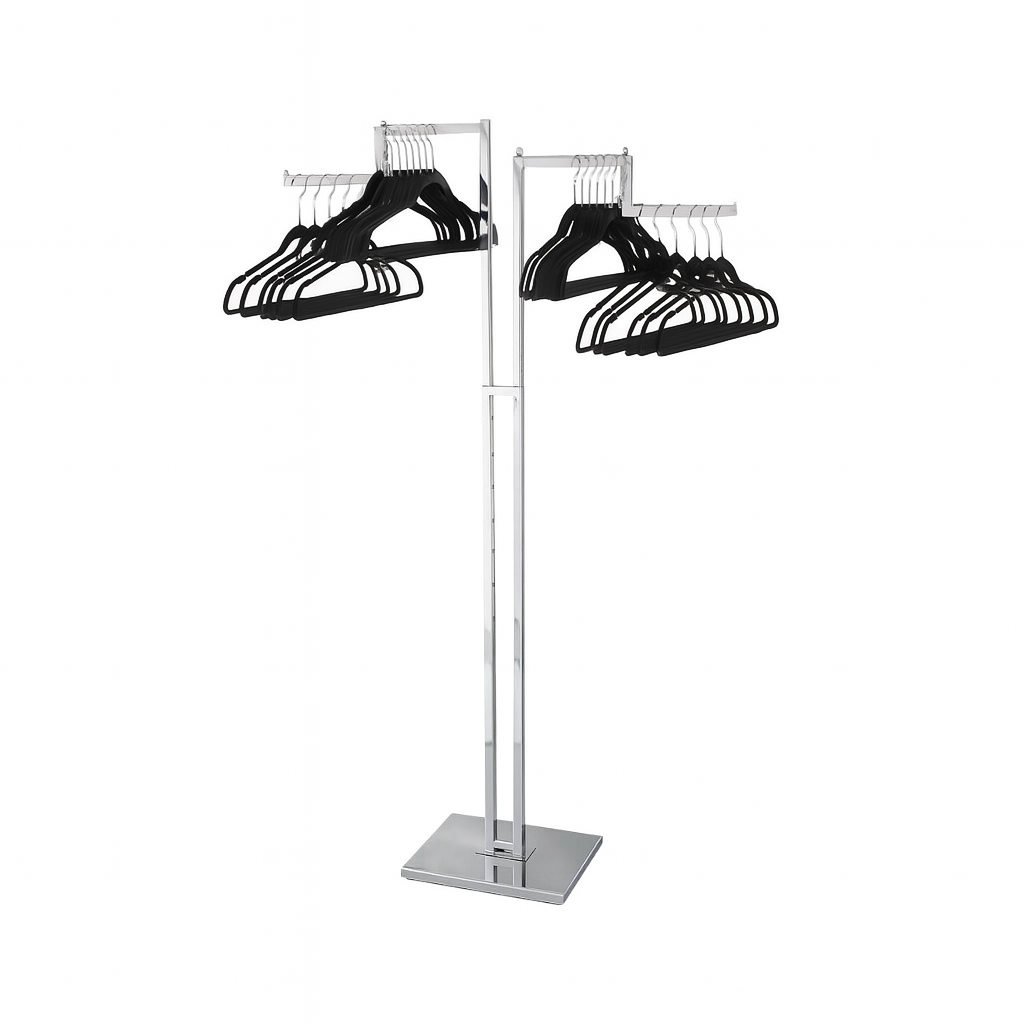 Display stand with 2 Stepped arms clothes rail, each with ball-stops – adjustable height garment display for retail.