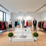 Display stand with 2 Stepped arms clothes rail, each with ball-stops – adjustable height garment display for retail.