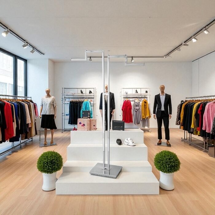 Display stand with 2 Stepped arms clothes rail, each with ball-stops – adjustable height garment display for retail.