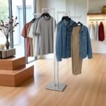 Display stand with 2 Stepped arms clothes rail, each with ball-stops – adjustable height garment display for retail.