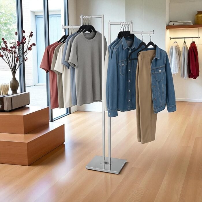 Display stand with 2 Stepped arms clothes rail, each with ball-stops – adjustable height garment display for retail.