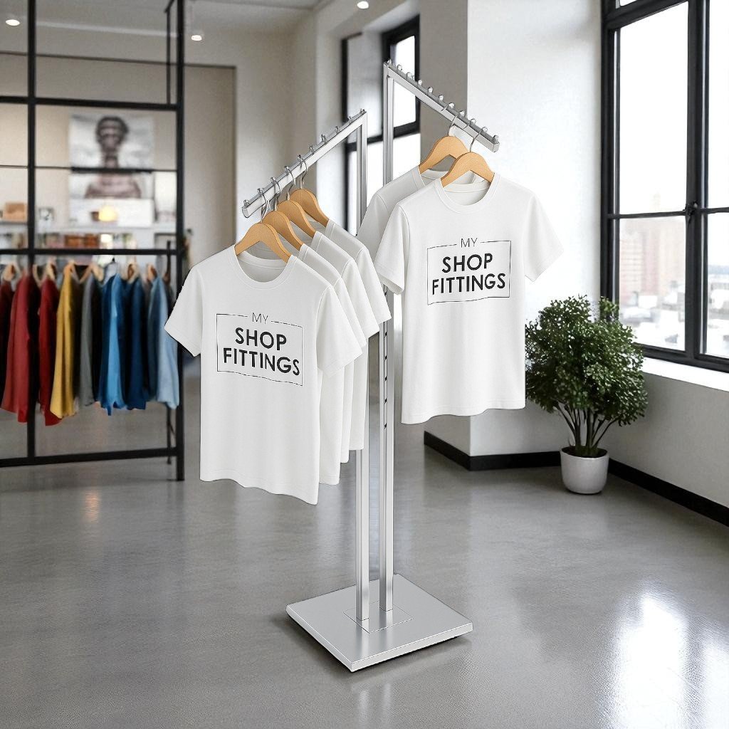 Chrome clothes rail display stand with two sloping arms displaying t-shirts on hangers – retail garment stand with chrome finish and adjustable height.