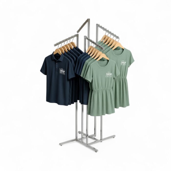 Chrome clothes rail display stand with 4 sloping arms, each with ball-stops – adjustable height garment display for retail.