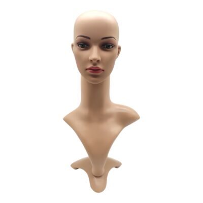 Skintone female display head with realistic facial features and shoulder base, ideal for wigs, hats, and jewelry display
