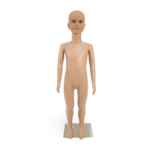 Realistic childrens mannequin, 110cm tall with flesh-tone finish and metal base for retail clothing displays.