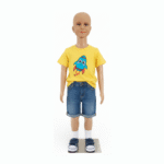 Realistic childrens mannequin, 110cm tall with flesh-tone finish and metal base for retail clothing displays.