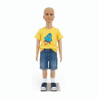 Realistic childrens mannequin, 110cm tall with flesh-tone finish and metal base for retail clothing displays.