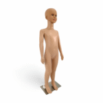 Realistic childrens mannequin, 110cm tall with flesh-tone finish and metal base for retail clothing displays.
