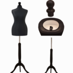 Black female tailors dummy size 10/12 on a black wooden stand, ideal for dressmaking and garment display.