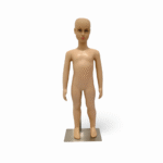 Adjustable Realistic childrens mannequin in flesh tone, 87cm tall, with a stable plastic base for retail clothing displays.