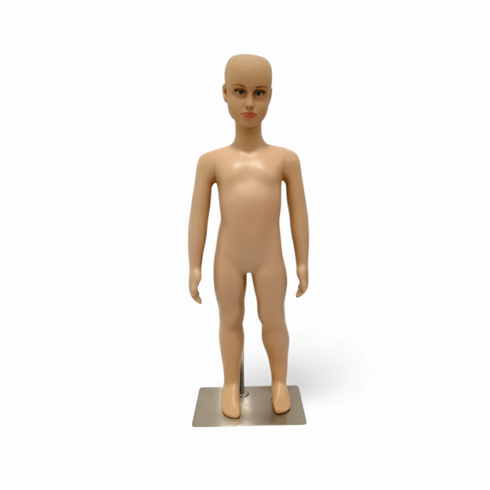 Adjustable Realistic childrens mannequin in flesh tone, 87cm tall, with a stable plastic base for retail clothing displays.