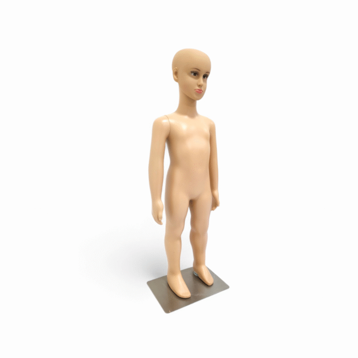 Adjustable Realistic childrens mannequin in flesh tone, 87cm tall, with a stable plastic base for retail clothing displays.