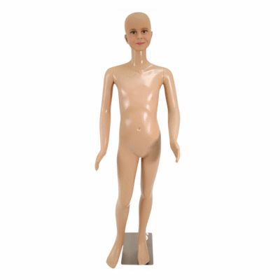 Realistic childrens mannequin 140cm with flesh-tone finish and sturdy plastic base for retail clothing displays.