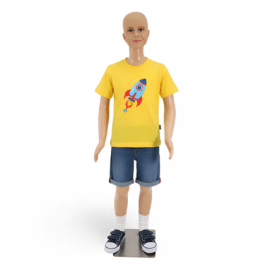 Realistic childrens mannequin 140cm with flesh-tone finish and sturdy plastic base for retail clothing displays.