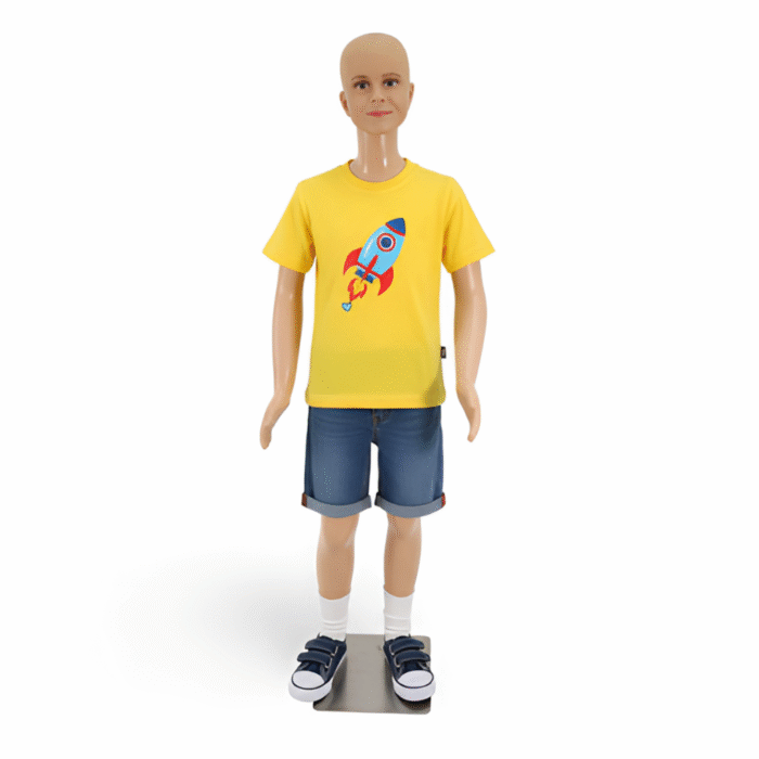 Realistic childrens mannequin 140cm with flesh-tone finish and sturdy plastic base for retail clothing displays.