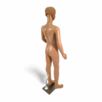 Realistic childrens mannequin 140cm with flesh-tone finish and sturdy plastic base for retail clothing displays.