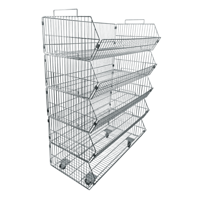 Wire Dump5 x Stacking Baskets with Wheeled Base Basket Zinc – 48cmx48cmx78cm
