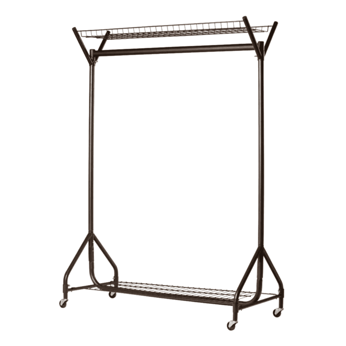 Black Heavy-Duty Clothes Rail With Top and Bottom Shelf