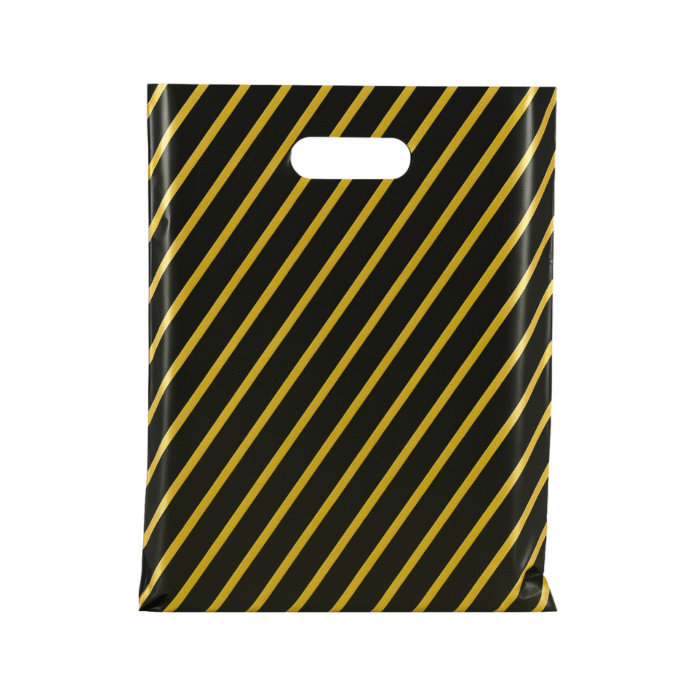 Medium Black & Gold Stripe plastic carrier bags – bulk carrier bags for retail and events