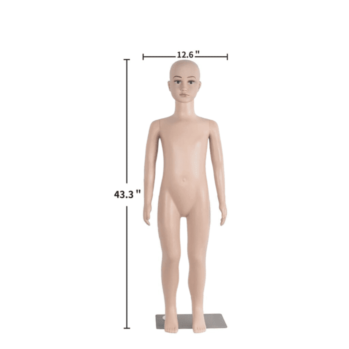 Adjustable Realistic children mannequin in flesh tone, 87cm tall, with a stable plastic base for retail clothing displays.