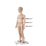 Adjustable Realistic children mannequin in flesh tone, 87cm tall, with a stable plastic base for retail clothing displays.