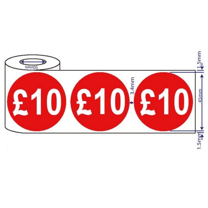 500 x 45mm Red Price Self Adhesive Stickers £10 – Roll Labels for Retail & Shops