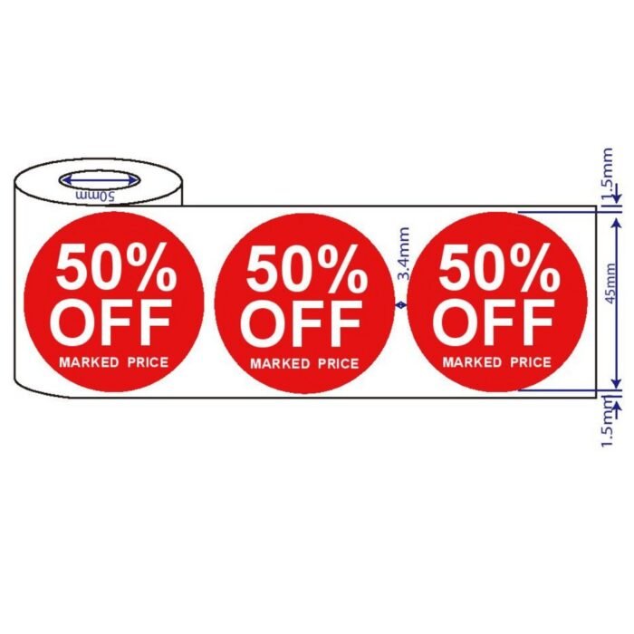 Assorted 500 x 45mm red price self adhesive stickers 50% Off Marked Price for retail promotions and discounts