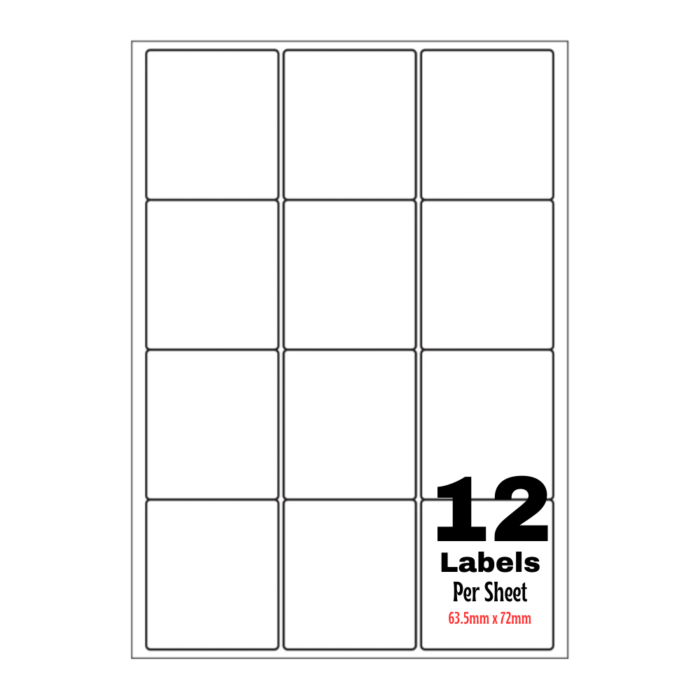 White Address Printer Labels - 12 Label per Sheet - 63.5mm x 72mm A4 White Labels 12/Sheet