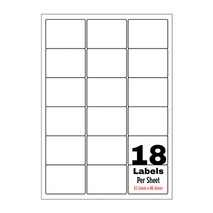 White Address Printer Labels - 18 Label per Sheet - 63.5mm x 46.6mm A4 White Labels 18/Sheet