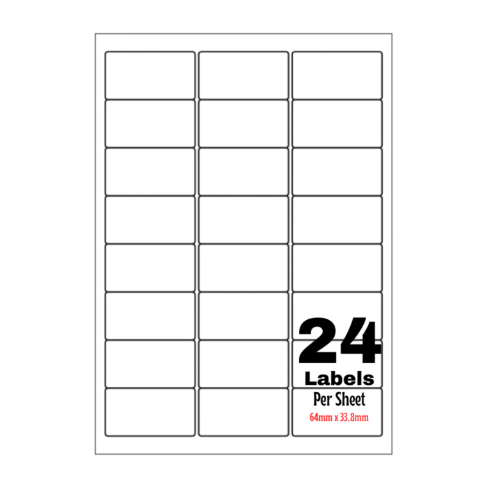 White Address Printer Labels - 24 Label per Sheet - 64mm x 33.8mm A4 White Labels 24/Sheet