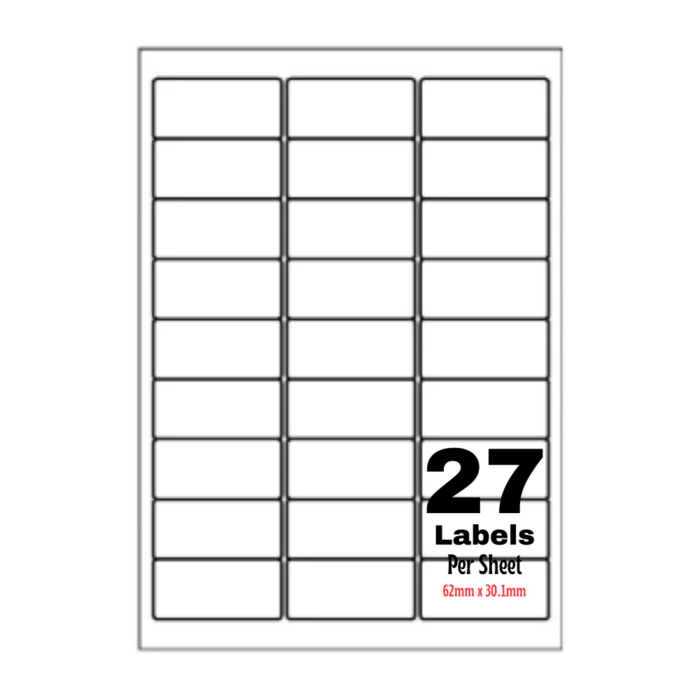 White Address Printer Labels - 27 Label per Sheet - 62mm x 30.1mm A4 White Labels 27/Sheet