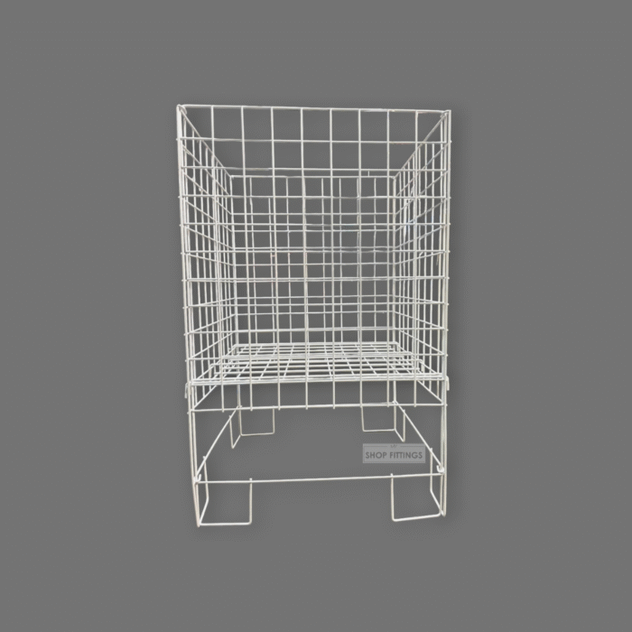 Square collapsible white dump bin with wire construction