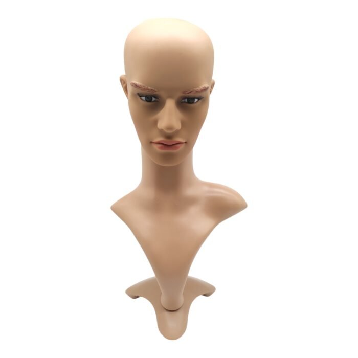 Skintone Male display head with realistic facial features and shoulder base, ideal for wigs, hats, and jewelry display
