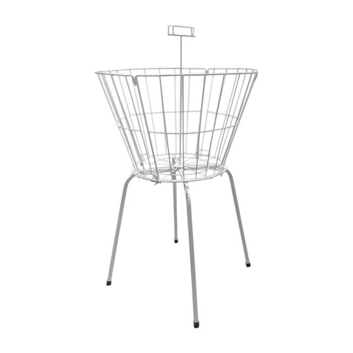 Round dump bin with white wire frame, collapsible design, and central ticket holder for retail display.