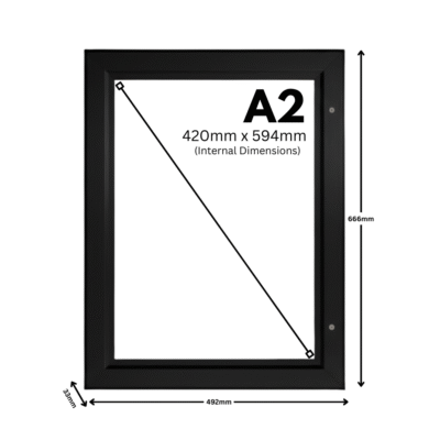 Size of A2 lockable poster case with 45mm aluminium frame profile
