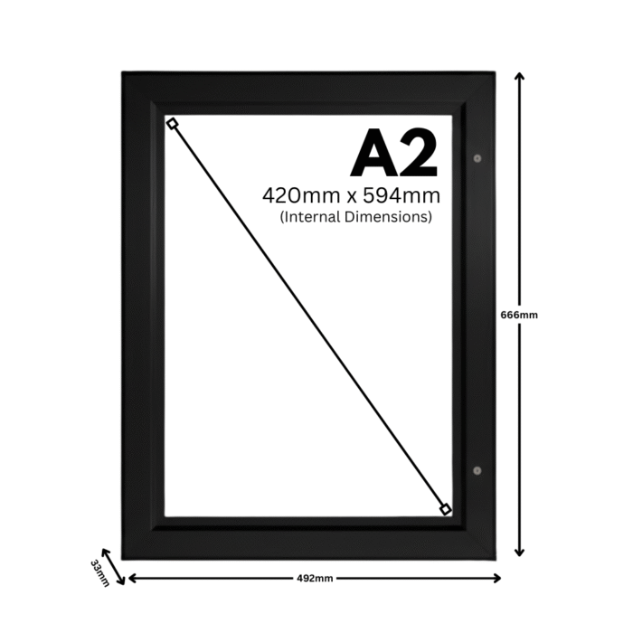 Size of A2 lockable poster case with 45mm aluminium frame profile