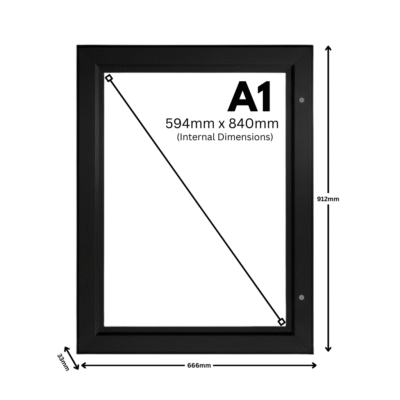 Size of A1 lockable poster case with 45mm aluminium frame profile