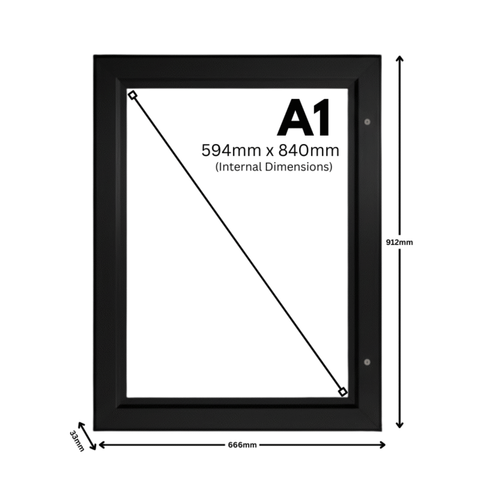 Size of A1 lockable poster case with 45mm aluminium frame profile