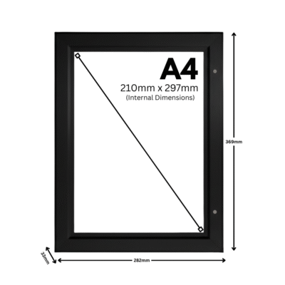 Size of A4 lockable poster case with 45mm aluminium frame profile