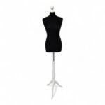 Alt text: Black female tailors dummy size 10/12 with white wooden tripod stand and neck cap, ideal for dressmaking and display.