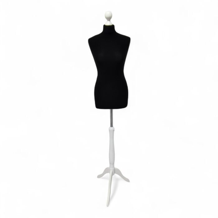 Alt text: Black female tailors dummy size 10/12 with white wooden tripod stand and neck cap, ideal for dressmaking and display.