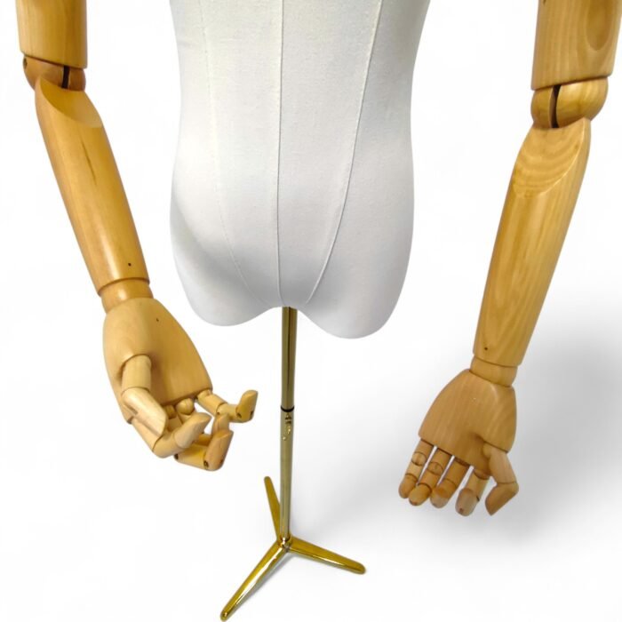 Articulated armed female tailors dummy with gold stand and wooden arms