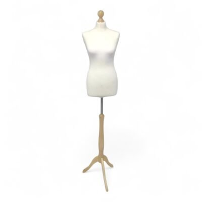 Cream female tailors dummy size 10/12 with maple wooden tripod stand and neck cap, ideal for dressmaking and display.