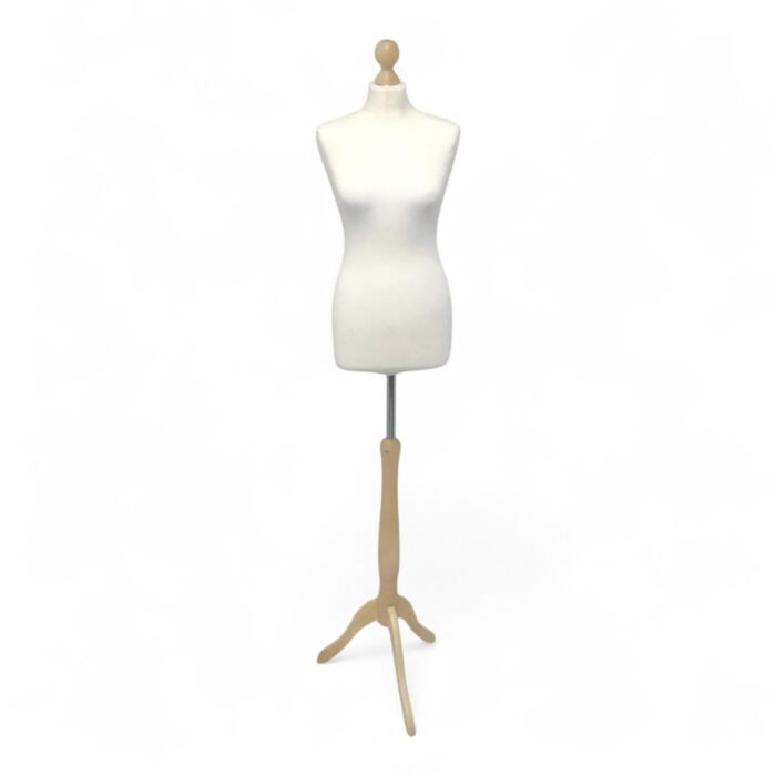 Cream female tailors dummy size 10/12 with maple wooden tripod stand and neck cap, ideal for dressmaking and display.