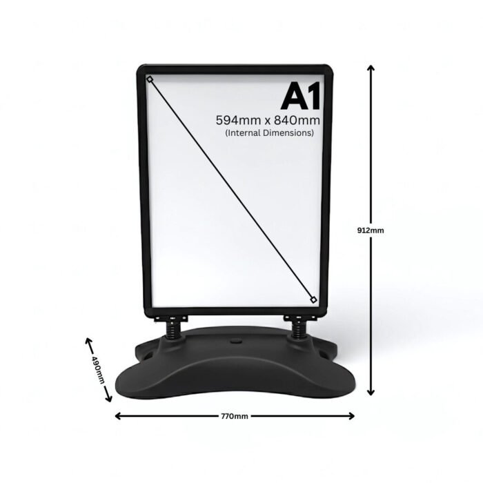 A1 black wind resistant pavement sign heavy duty water base with double sided poster display