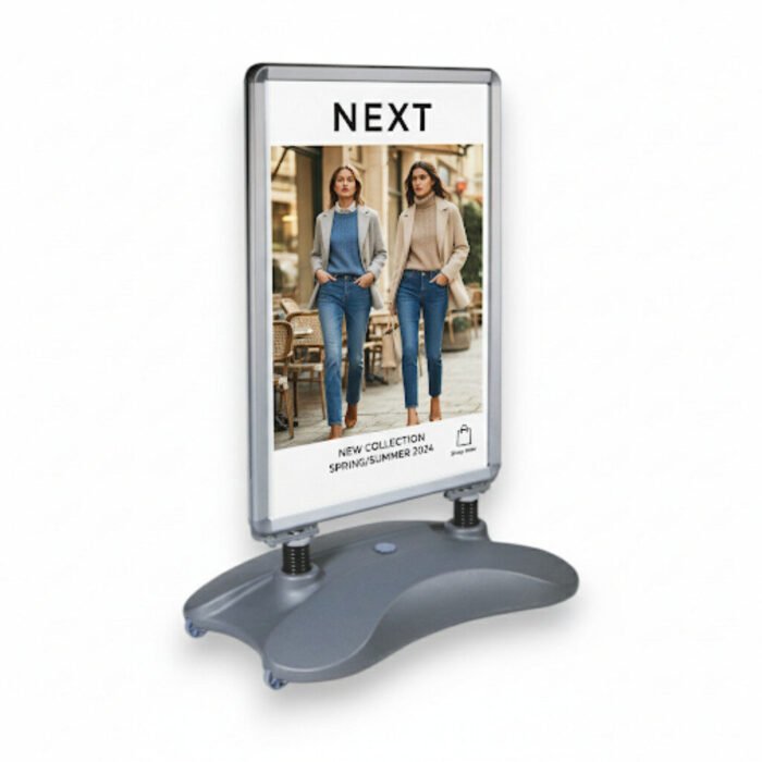 A1 silver wind resistant pavement sign heavy duty water base with double sided poster display