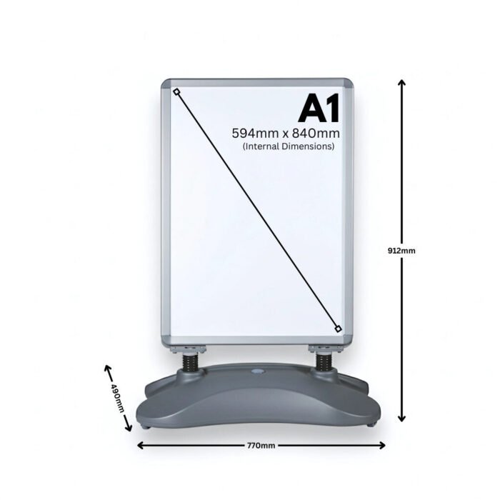 A1 silver wind resistant pavement sign heavy duty water base with double sided poster display