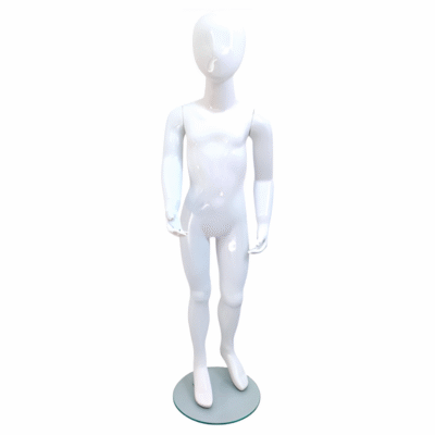 Faceless gloss white childrens mannequin, 120cm tall, with a sturdy glass base for kids’ clothing displays.
