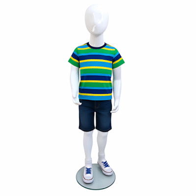 Faceless gloss white childrens mannequin, 120cm tall, with a sturdy glass base for kids’ clothing displays.